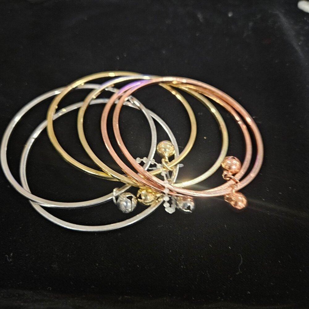 Set Of 6 Bangles In Gold Silver & Rose Gold With Jingle Bell Charms Size 7.5 Inc
